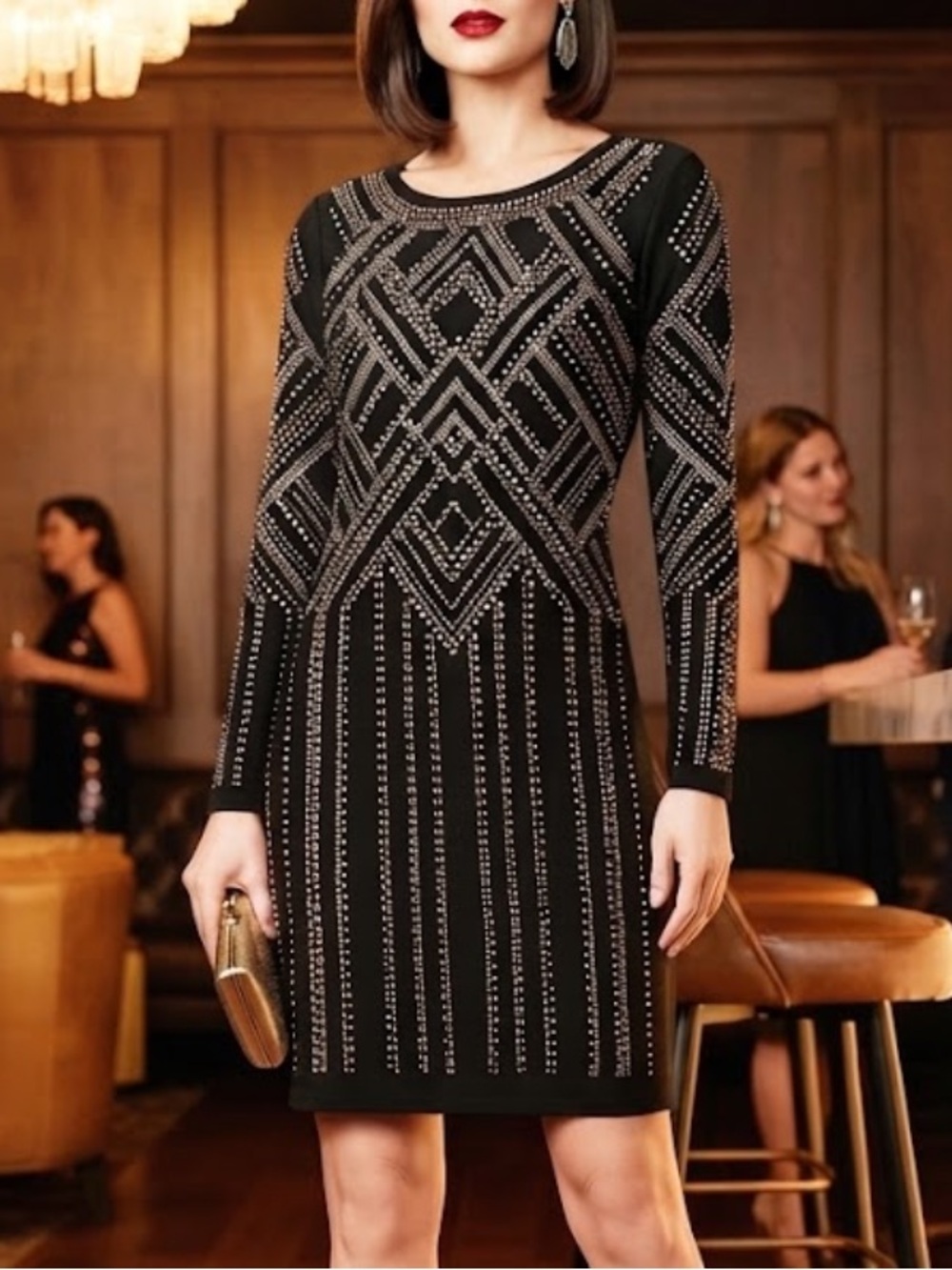 WHBM Black Embellished Rhinestone studded Art Deco shift dress stretch L